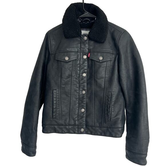 Levi’s Sherpa Full Zip Button Jacket Black Womens SZ Small Faux Leather QUALITY - Picture 1 of 10